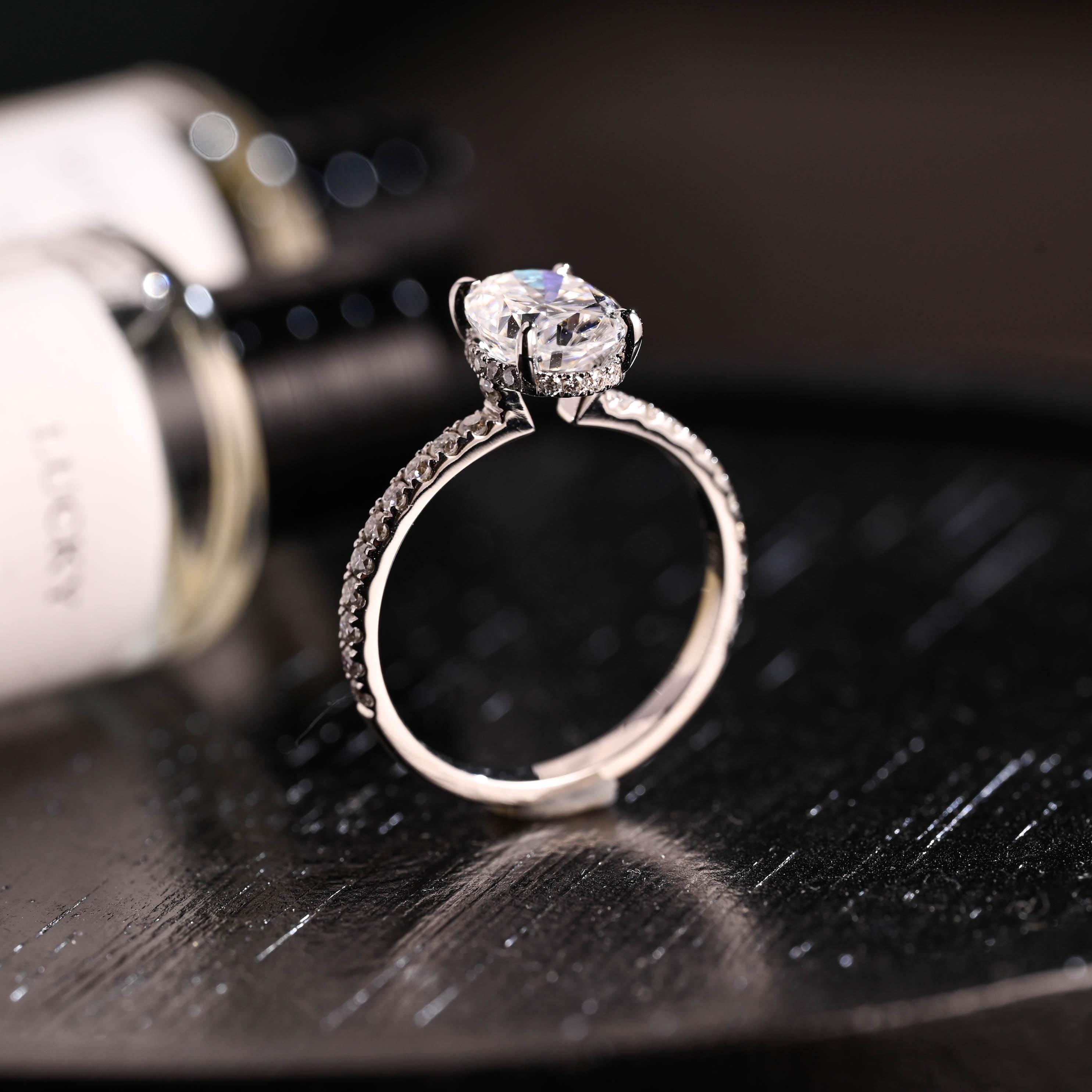 Solid Gold High Profile Oval Cut Moissanite Engagement Ring, Hidden Halo Wedding Ring