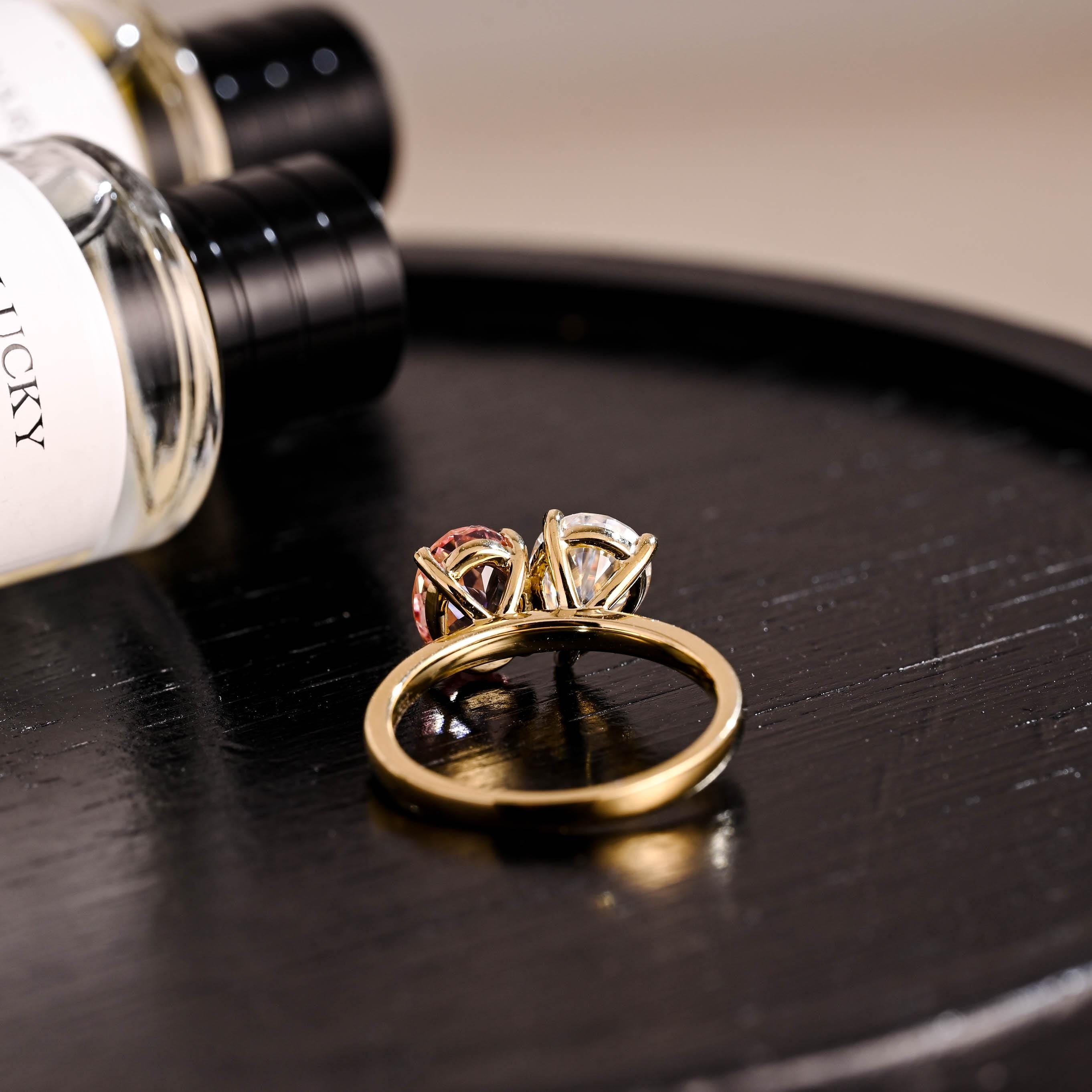Lab Grown Pink Sapphire Oval Cut Toi et Moi Ring, Solid Gold Memorial Two Stone Engagement Ring