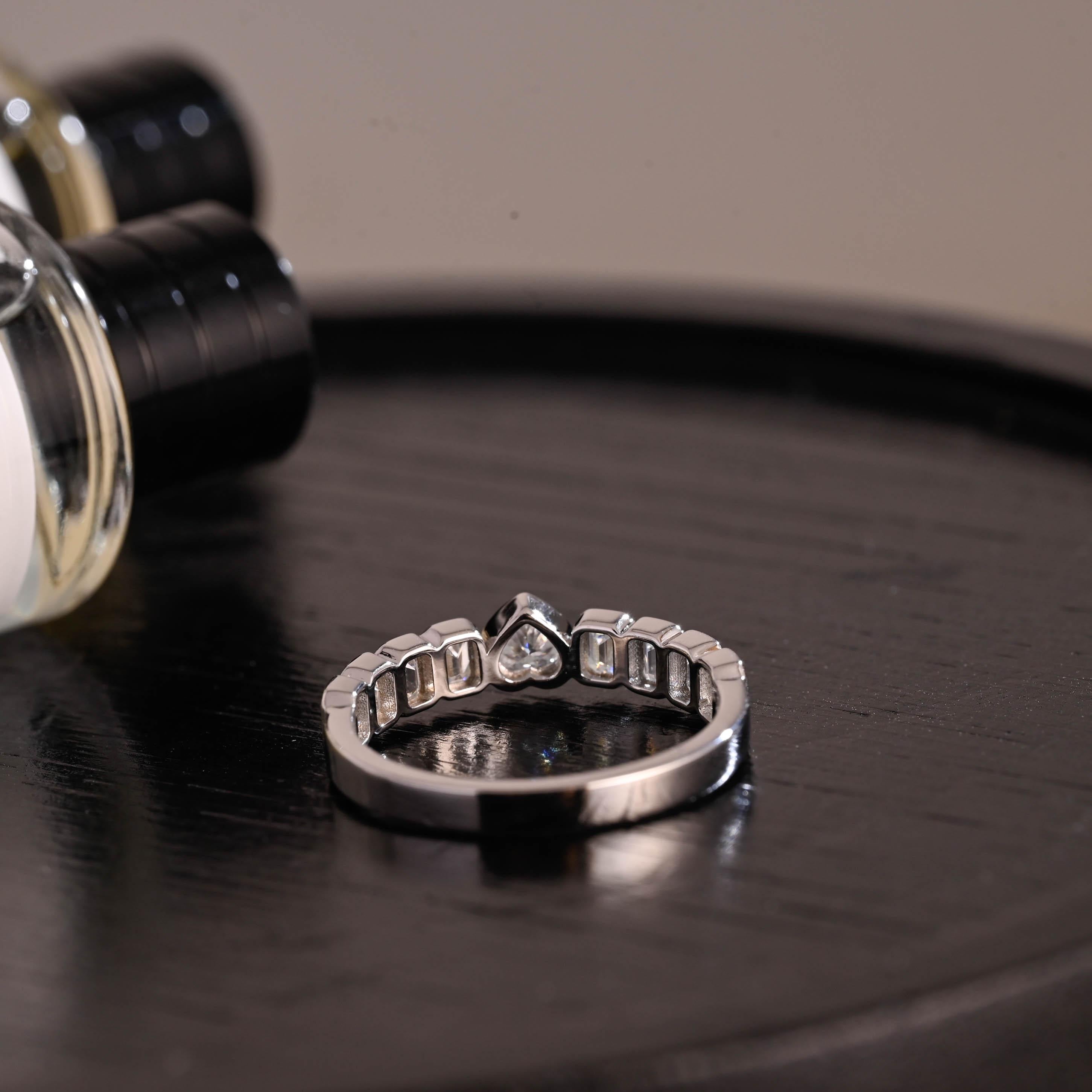 Solid Gold Heart & Emerald Cut Moissanite Wedding Band, Anniversary Gift