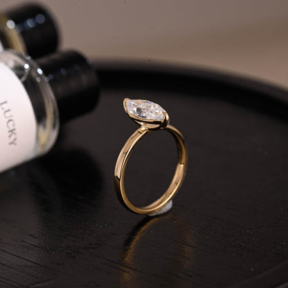 Solid Gold Solitaire Marquise Cut Moissanite Engagement Ring, Two Prongs Setting