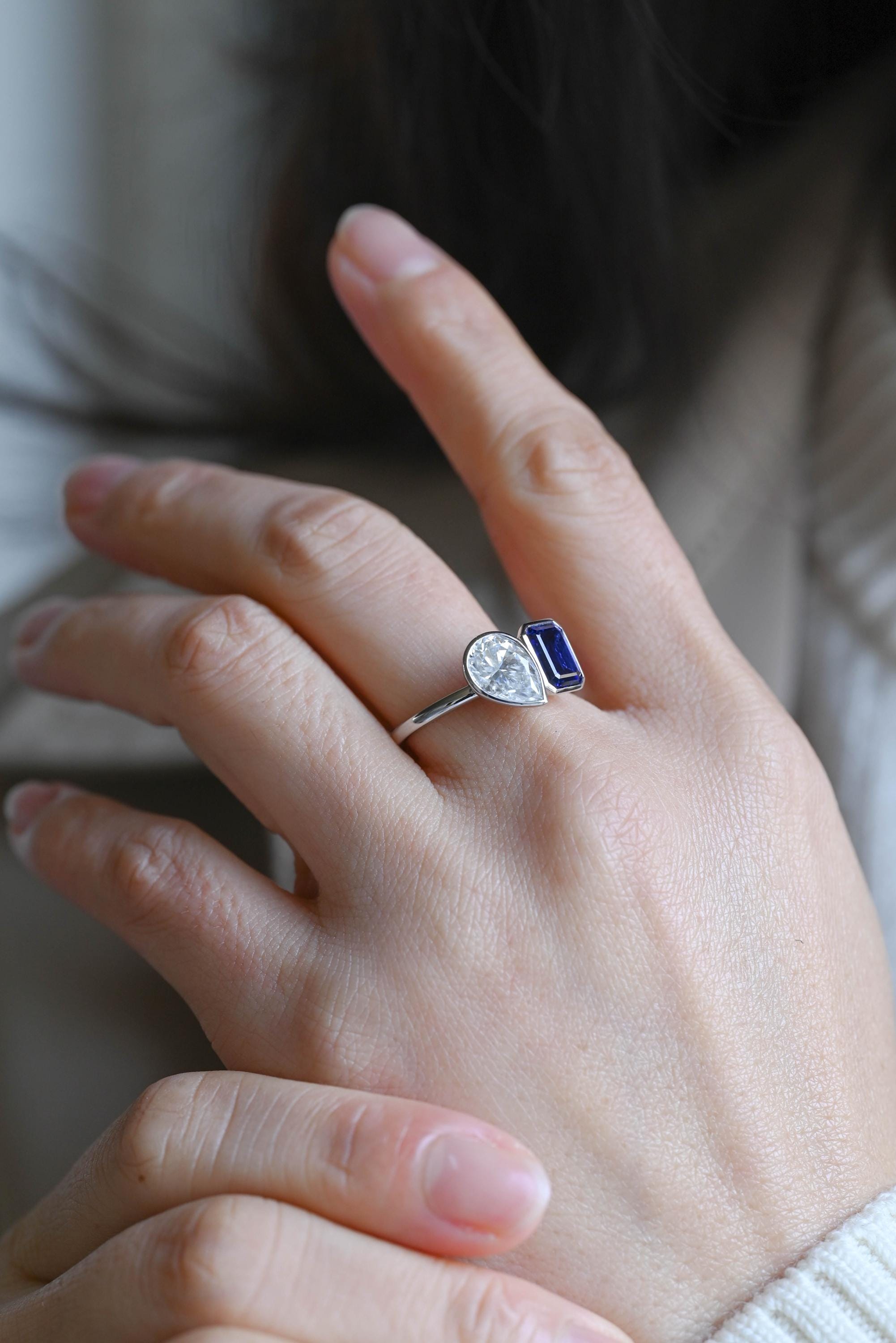 Bezel Solid Gold Emerald Cut Lab Grown Sapphire & Pear Cut Moissanite Toi et Moi Engagement Ring