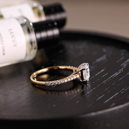 Solid Gold Two Tone Cushion Moissanite Engagement Ring, Proposal Ring, Half Eternity Promise Ring, Wedding Ring, Anniversary Gift for Women