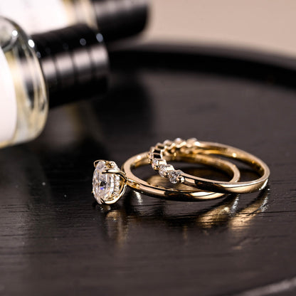 Solid Gold Hidden Halo Oval Cut Moissanite Engagement Ring Set, Half Eternity Ring Bridal Set