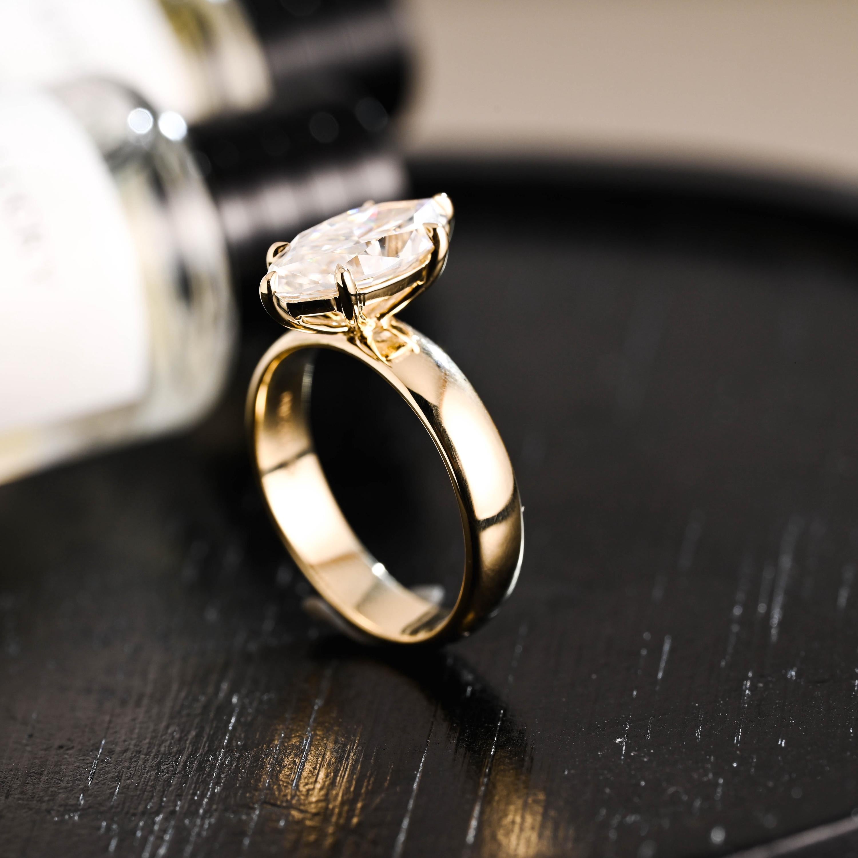 Solid Gold Marquise Moissanite Engagement Ring, 4mm Width Anniversary Ring