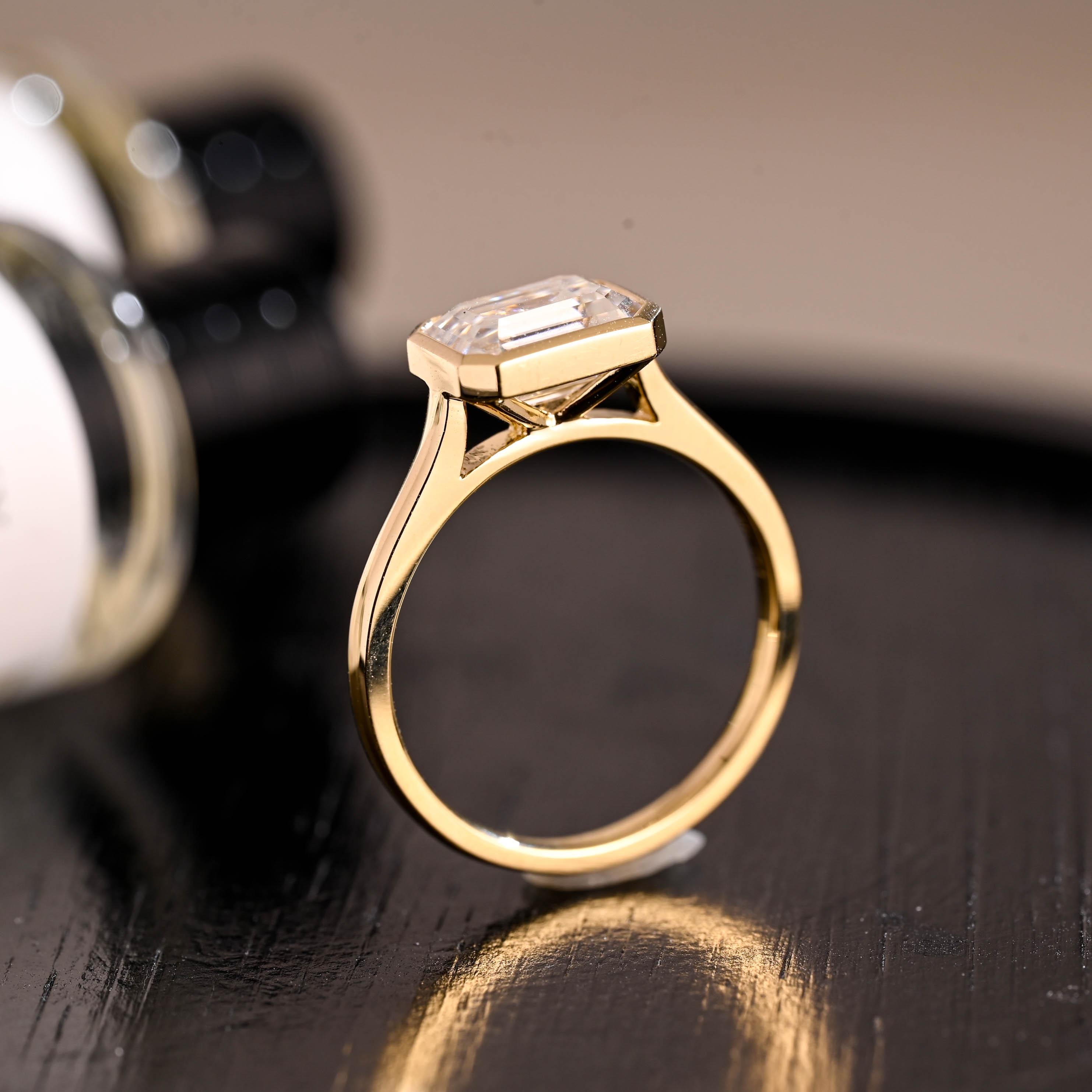 Solid Gold Emerald Cut Moissanite Engagement Ring, East to West Solitaire Ring, Gift for Her