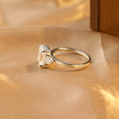 Three Stone Emerald Cut Moissanite Engagement Ring, Solid Gold Emerald Cut Moissanite Wedding Ring, Anniversary Ring, Moissanite Gifts