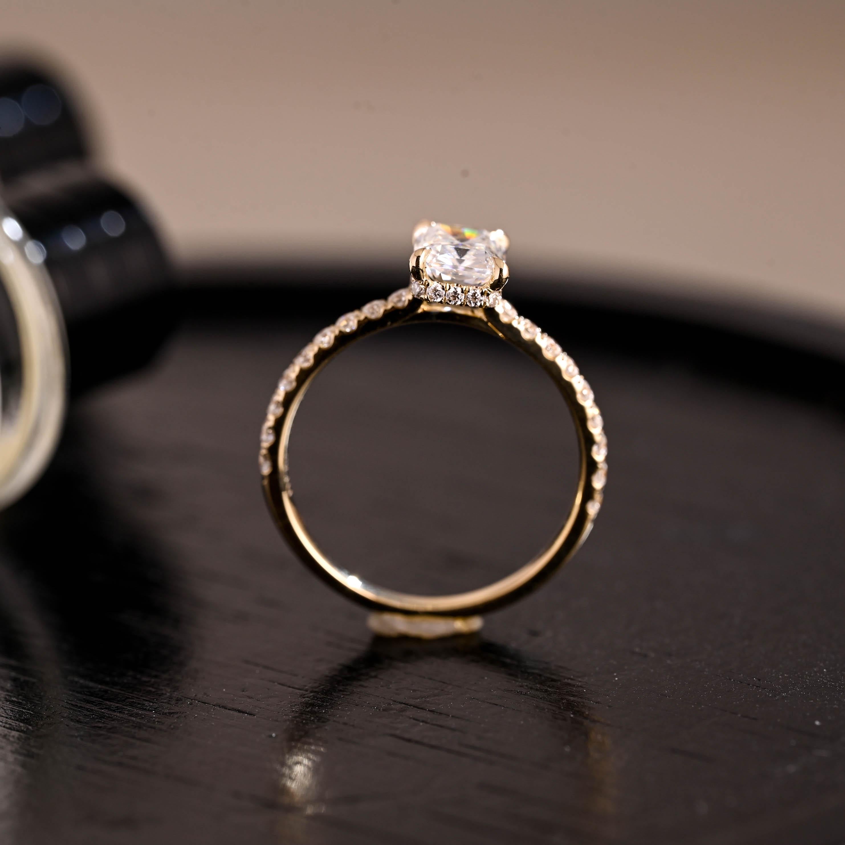 Solid Gold Cathedral Setting Radiant Cut Moissanite Engagement Ring, Hidden Halo Pave Wedding Ring