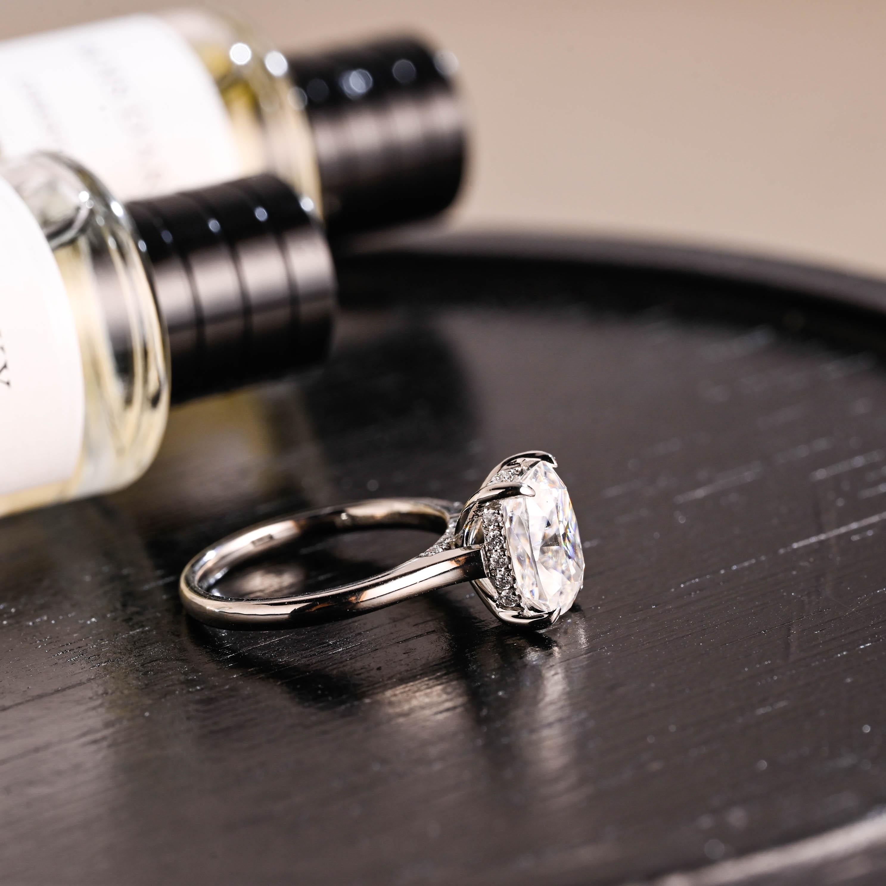 Crushed Ice Cut Elongated Cushion Cut Moissanite Engagement Ring, Solid Gold Cushion Wedding Ring, Hidden Halo Anniversary Moissanite Ring