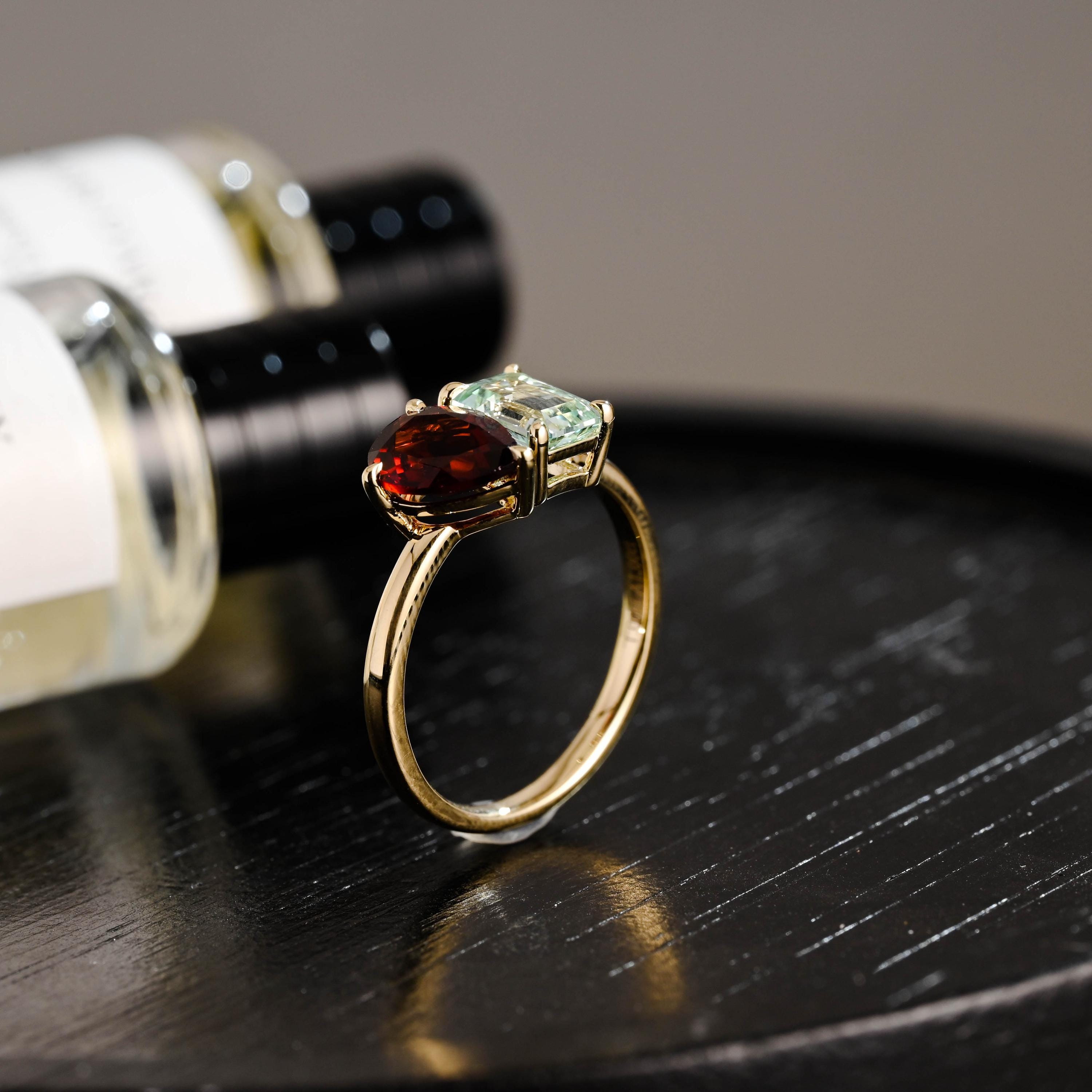 Toi et Moi Solid Gold Pear Garnet & Emerald Cut Aquamarine-Sapphire Engagement Ring