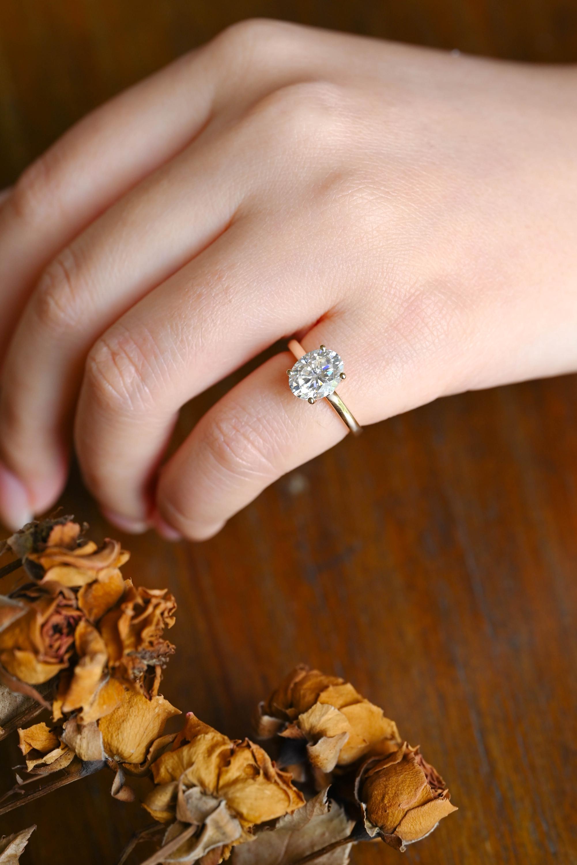 Solid Gold Oval Cut Moissanite Engagement Ring, Anniversary Gift Birthday Gift for Women Wife