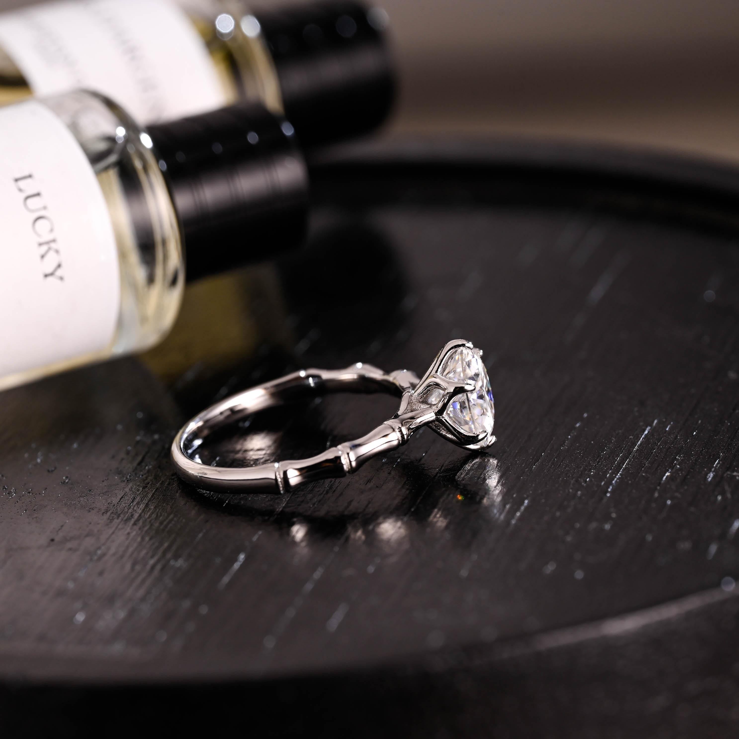 Solid Gold Tulip Prong Setting Round Cut Moissanite Engagement Ring, Bamboo Style Ring Band Wedding Ring