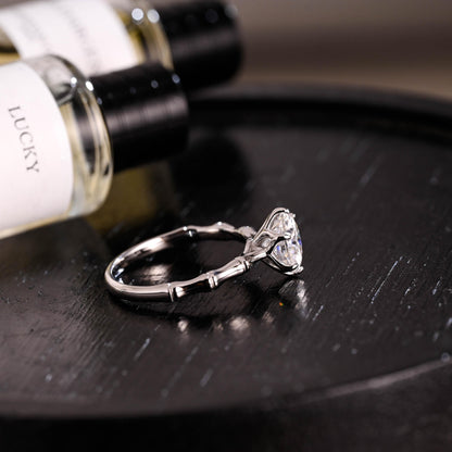 Solid Gold Tulip Prong Setting Round Cut Moissanite Engagement Ring, Bamboo Style Ring Band Wedding Ring