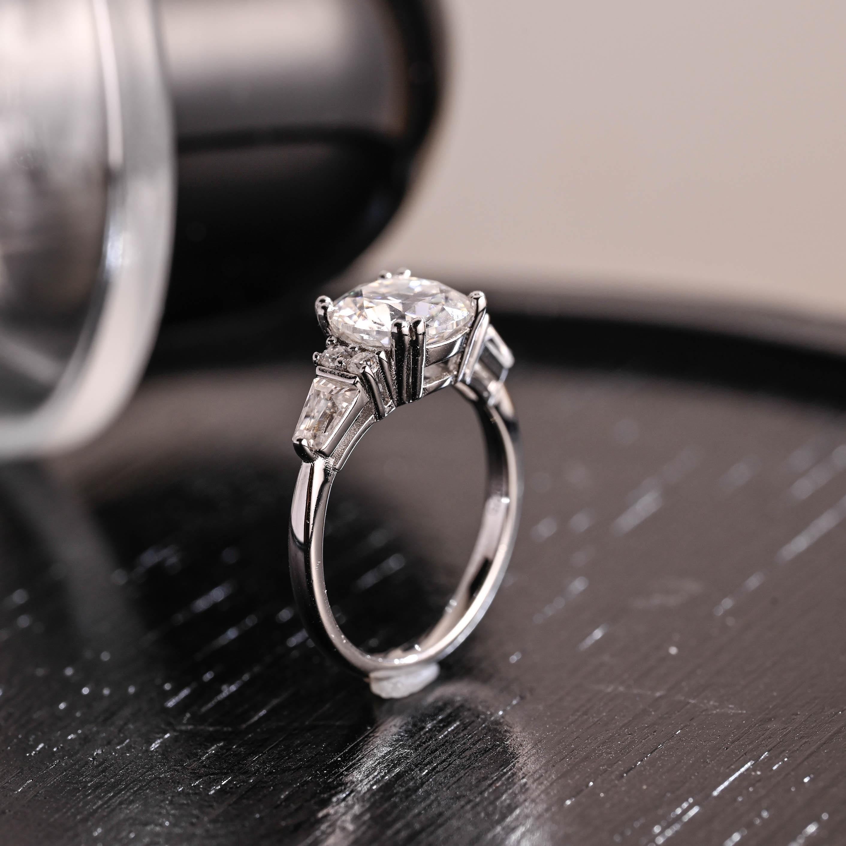 Three Stone Round Cut Moissanite Engagement Ring, Trapezoid Accents Round Cut Double Prongs Wedding Ring