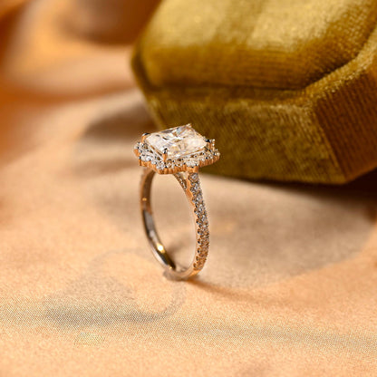Solid Gold Radiant Cut Moissanite Engagement Ring, Halo Pave Vintage Style, Cathedral Setting