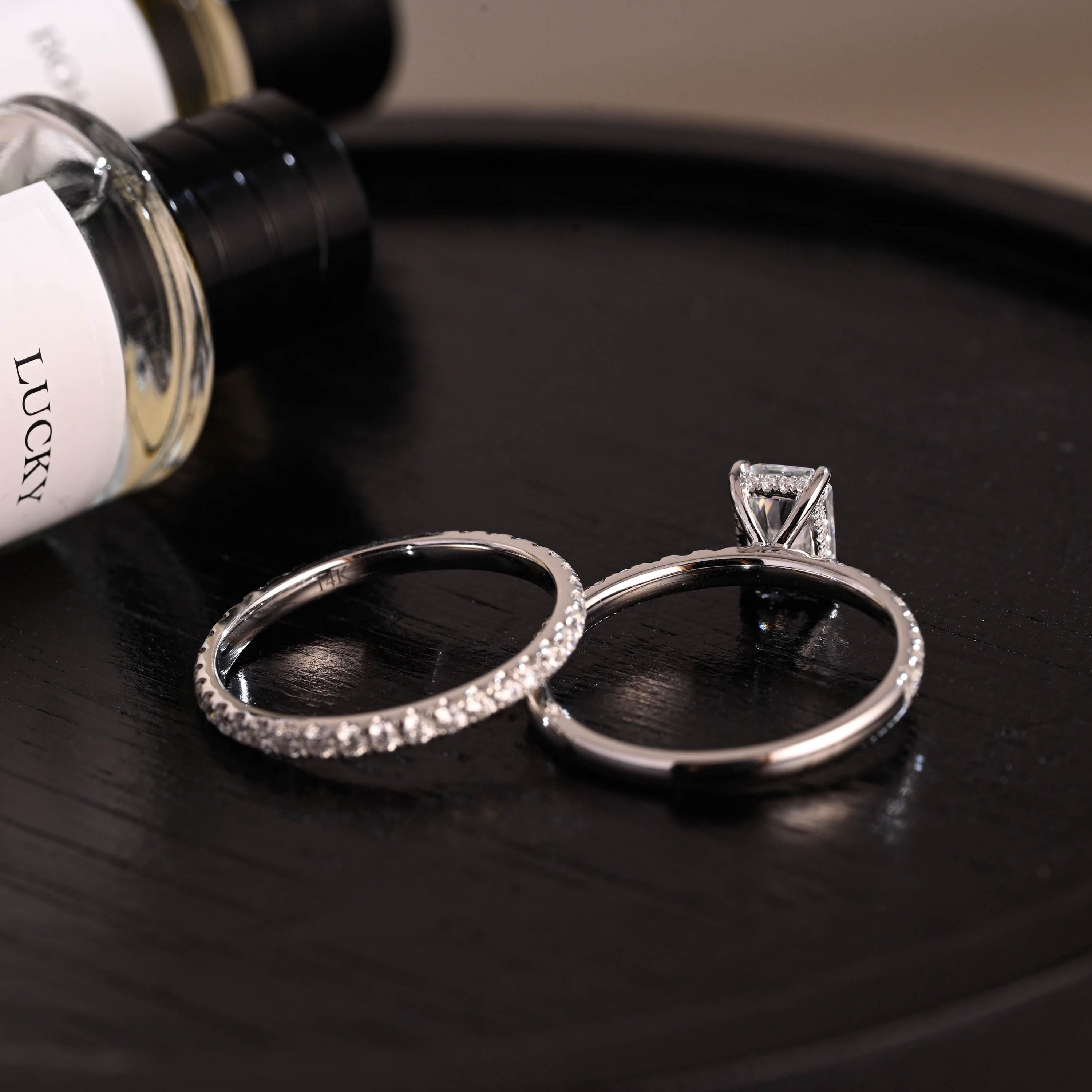 Solid Gold Hidden Halo Radiant Cut Moissanite Engagement Ring Set, Full Eternity Band, Bridal Set