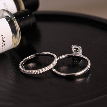 Solid Gold Hidden Halo Radiant Cut Moissanite Engagement Ring Set, Full Eternity Band, Bridal Set