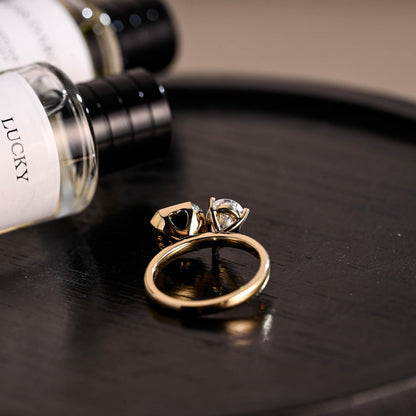 Asscher Cut Black Moissanite Gothic Style Toi et Moi Engagement Ring, Solid Gold Bezel Alternative Ring Gifts