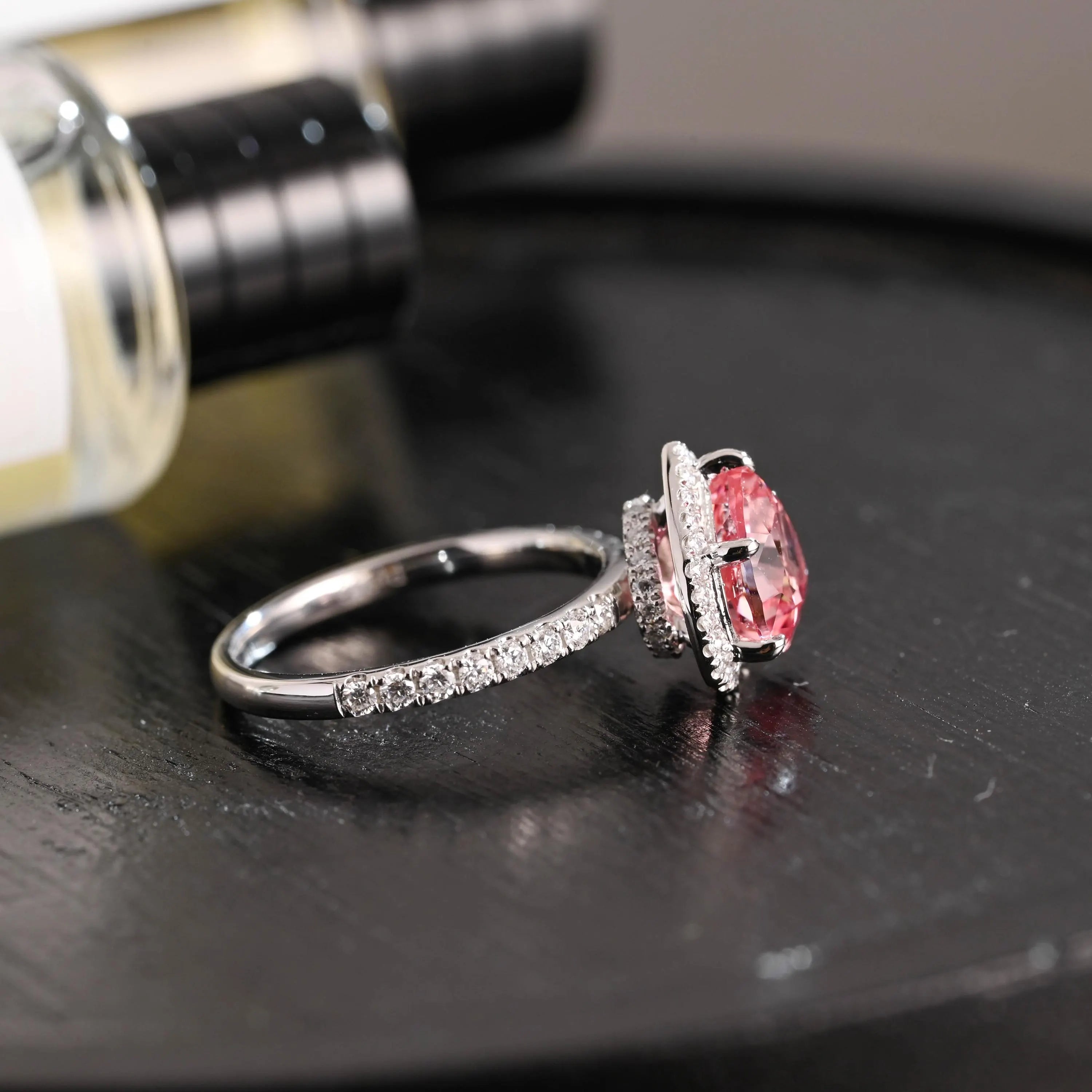 Solid Gold Heart Cut Pink Moissanite Engagement Ring, Hidden Halo Proposal Ring,Wedding Ring