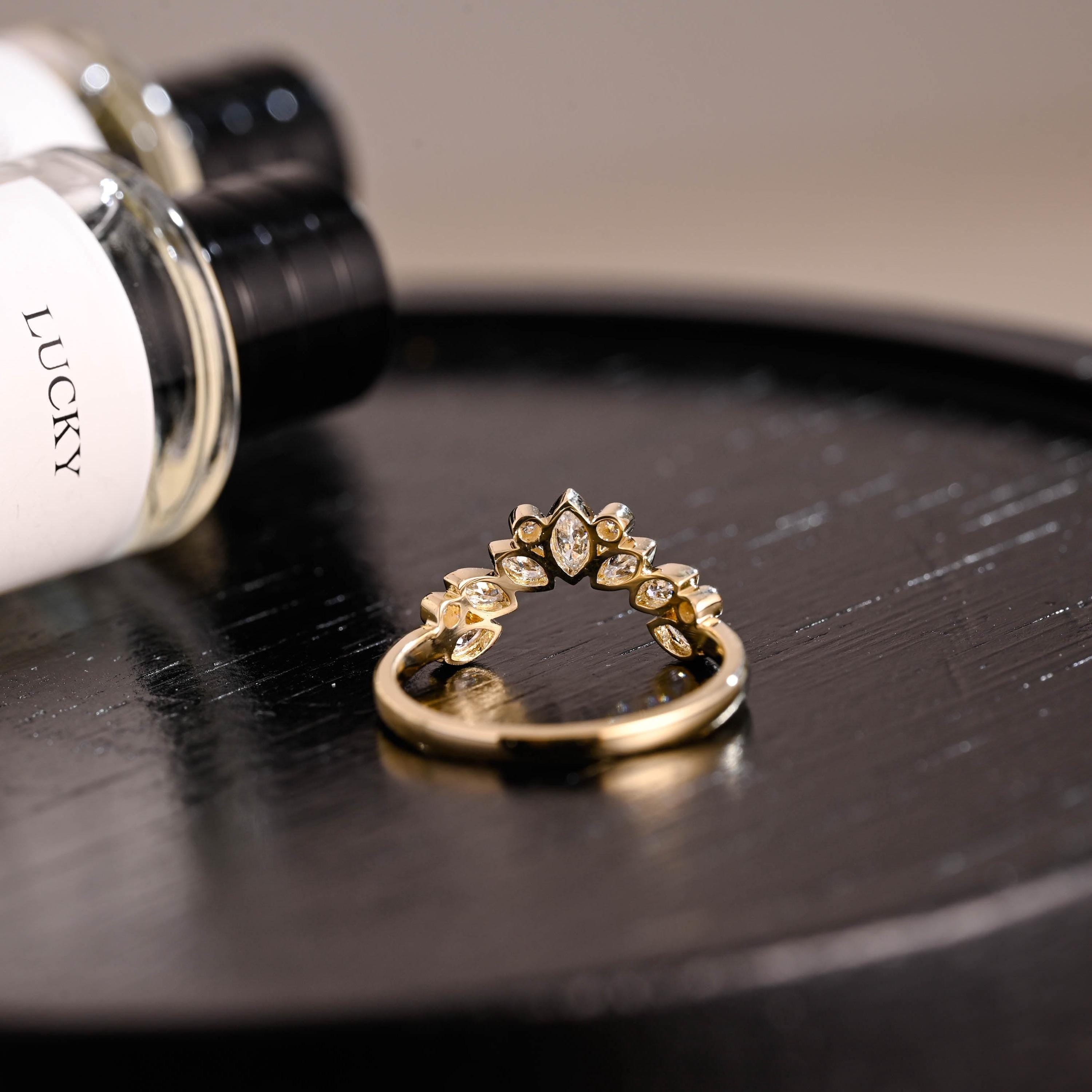 Curved Solid Gold Moissanite Wedding Band, Bezel Nest Ring