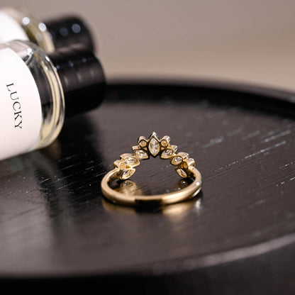 Curved Solid Gold Moissanite Wedding Band, Bezel Nest Ring