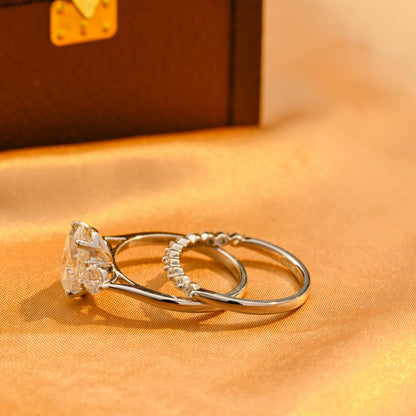 Solid Gold Three Stone Oval Cut Moissanite Engagement Ring Set, Half Eternity Ring Bridal Set