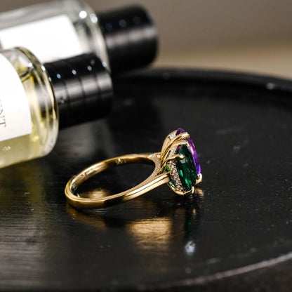 Solid Gold Toi et Moi Pear Amethyst & Lab Grown Emerald Engagement Ring
