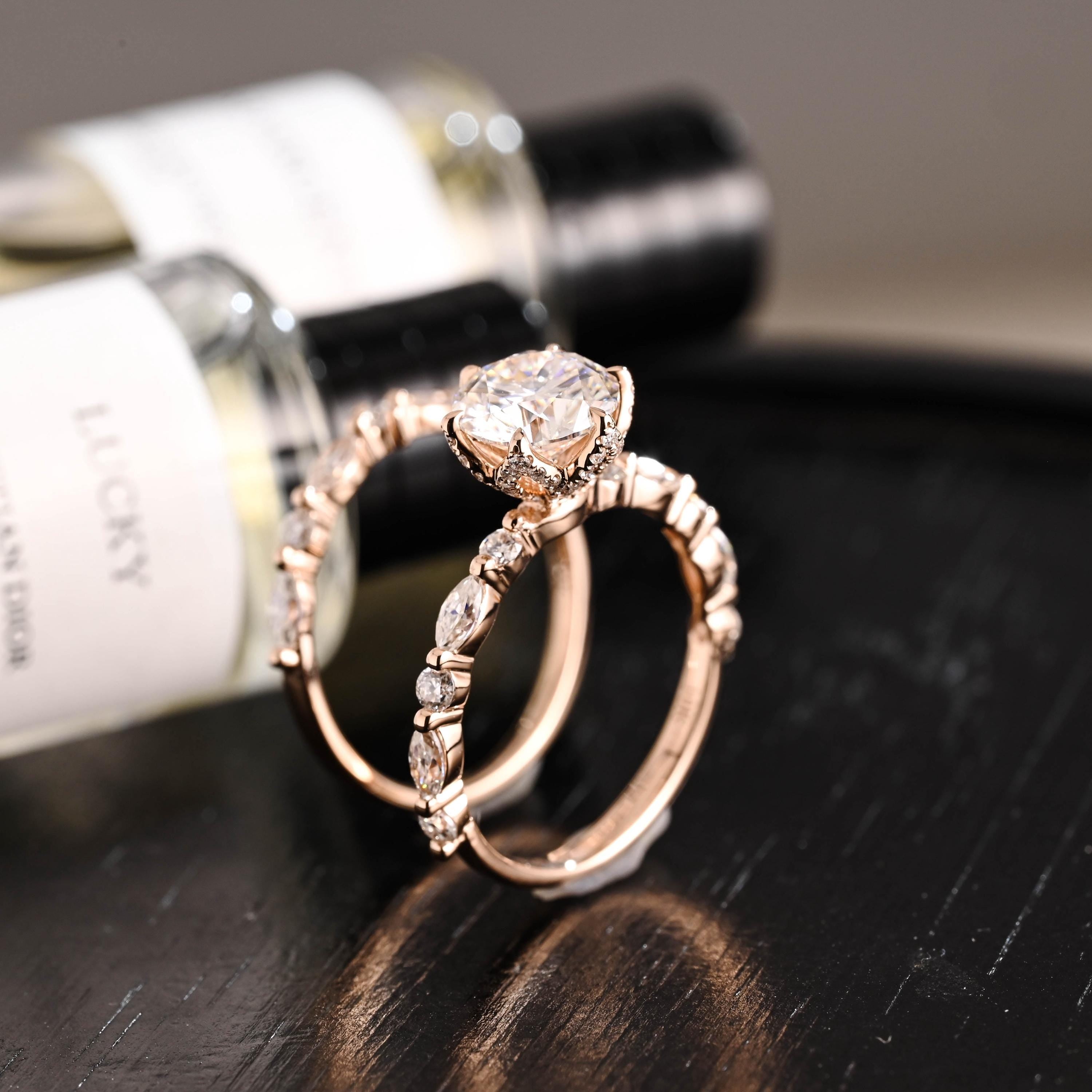 Solid Gold Round Cut Moissanite Engagement Ring Set, Marquise Bridal Round Wedding Ring Set