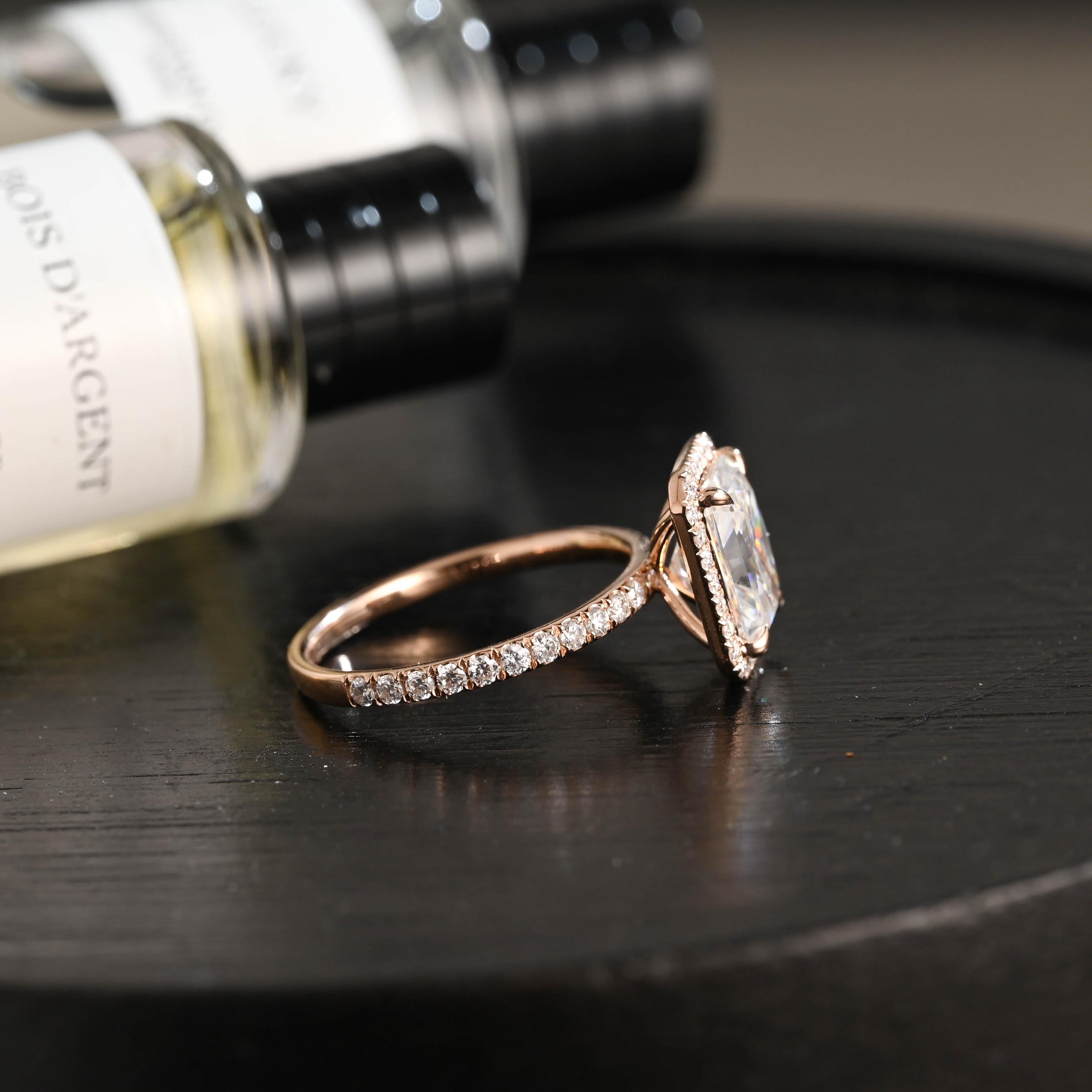 Solid Gold Radiant Cut Moissanite Engagement Ring, Halo Pave Vintage Style Wedding Ring