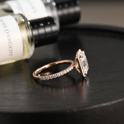 Solid Gold Radiant Cut Moissanite Engagement Ring, Halo Pave Vintage Style Wedding Ring
