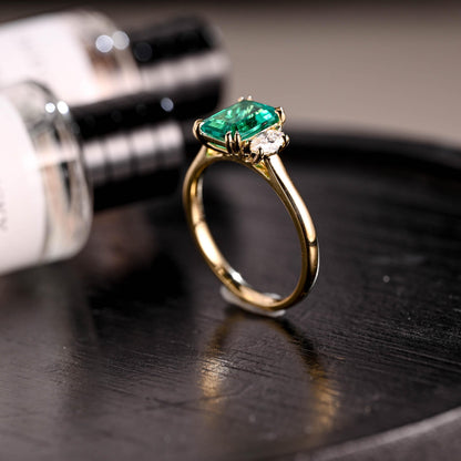 Lab Grown Emerald Engagement Ring, Three Stone Moissanite Wedding Ring, Anniversary Emerald Gemstone Ring, Moissanite Ring, Marquise Ring