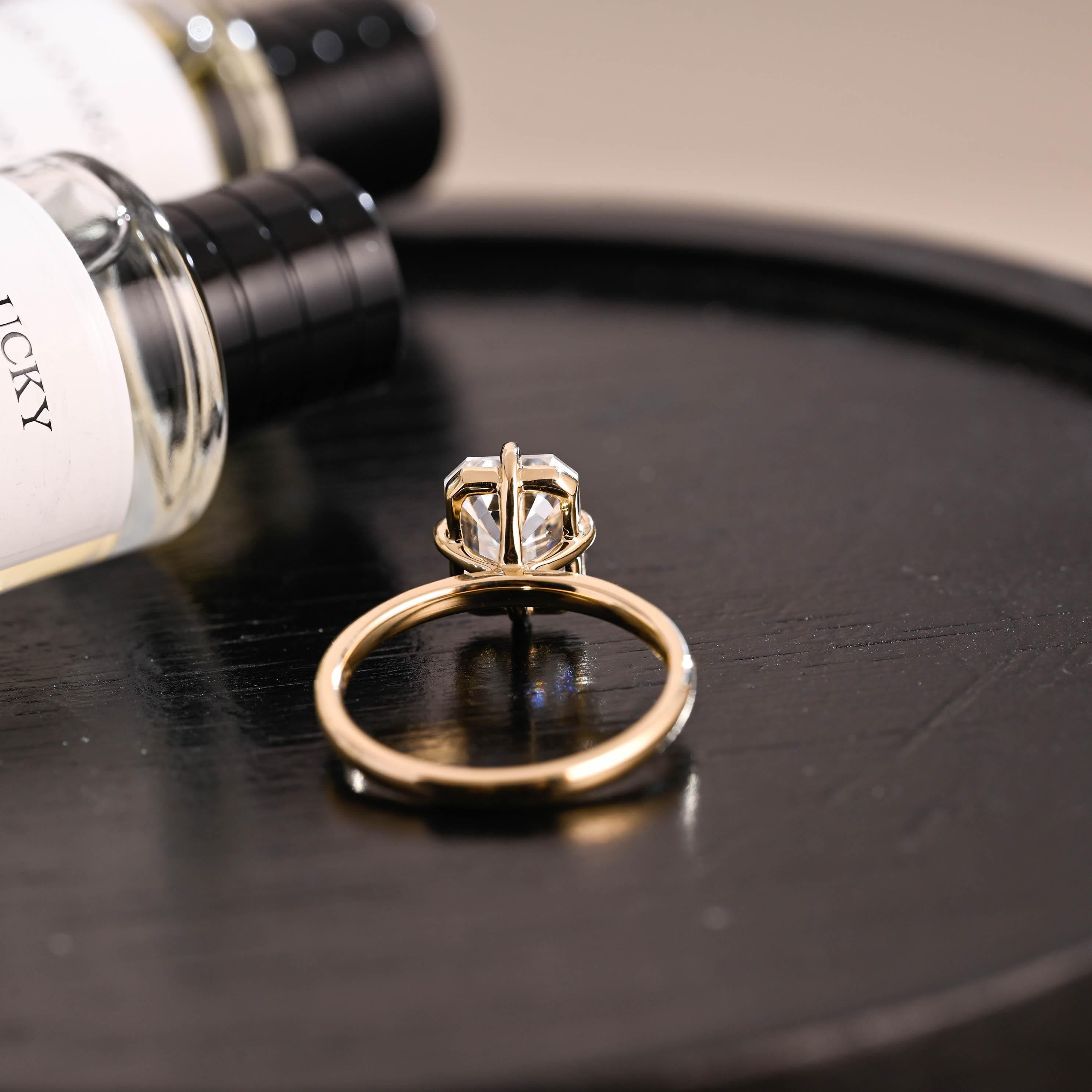 Solid Gold Compass Set Solitaire Emerald Cut Moissanite Engagement Ring, Anniversary Ring
