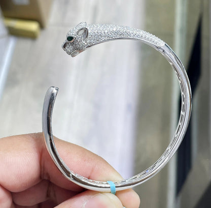 14K Gold Plated Panther Bangle: Sterling Silver Moissanite Bracelet