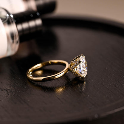 Crushed Ice Moissanite Engagement Ring, Tulip Setting, Solid Gold Hidden Halo