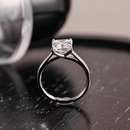 Solid Gold Faux Pave Asscher Moissanite Engagement Ring, Cathedral Set Ring