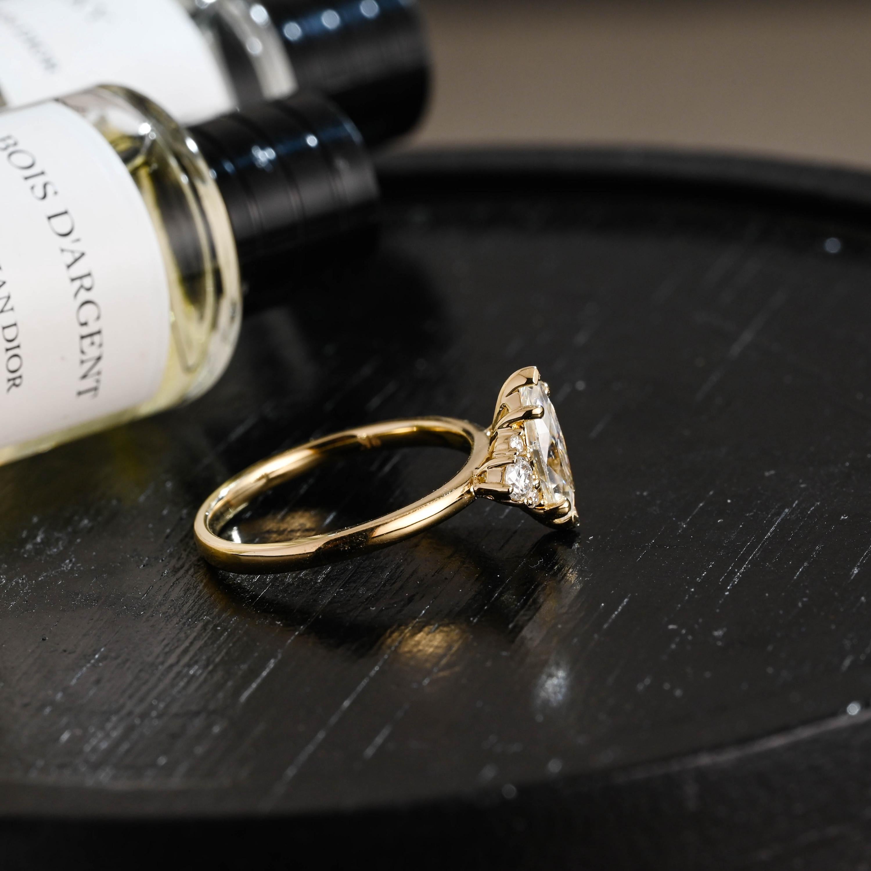 Solid Gold Marquise Moissanite Engagement Ring, Side Cluster Ring, Anniversary Gift
