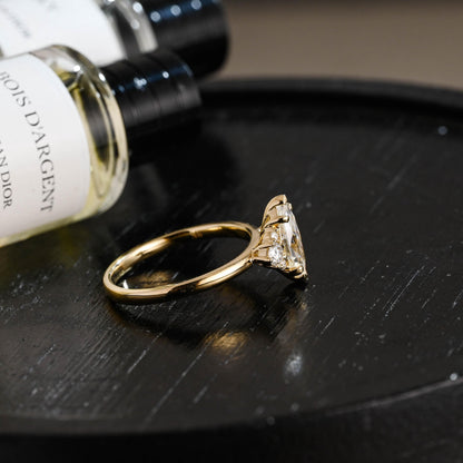 Solid Gold Marquise Moissanite Engagement Ring, Side Cluster Ring, Anniversary Gift