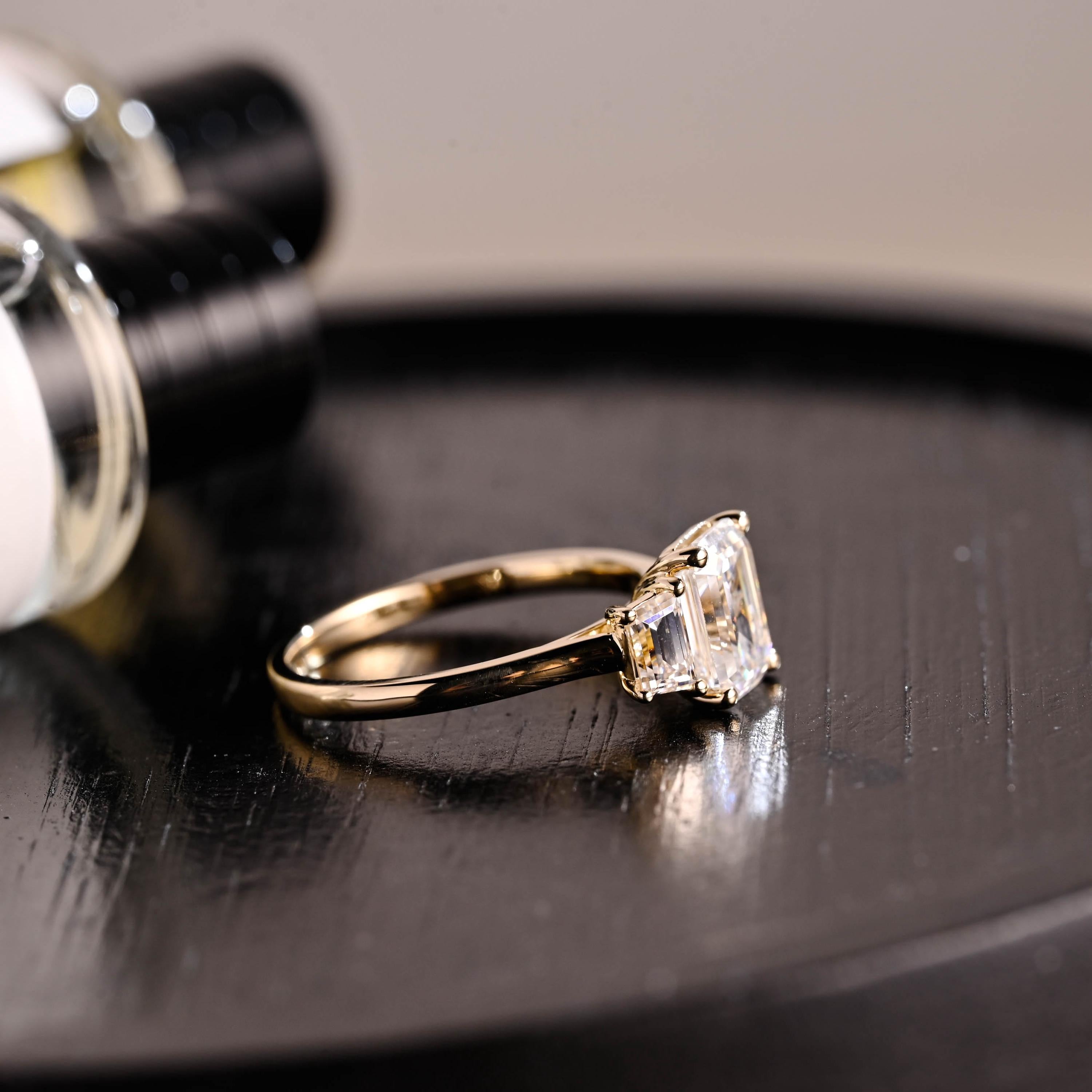Solid Gold Three Stone Emerald Cut Moissanite Engagement Ring, Anniversary Ring, Moissanite Rings