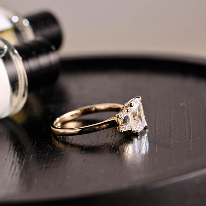 Solid Gold Three Stone Emerald Cut Moissanite Engagement Ring, Anniversary Ring, Moissanite Rings