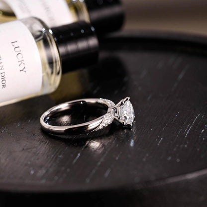 Solid Gold Heart Cut Moissanite Engagement Ring, Pave BandWedding Ring