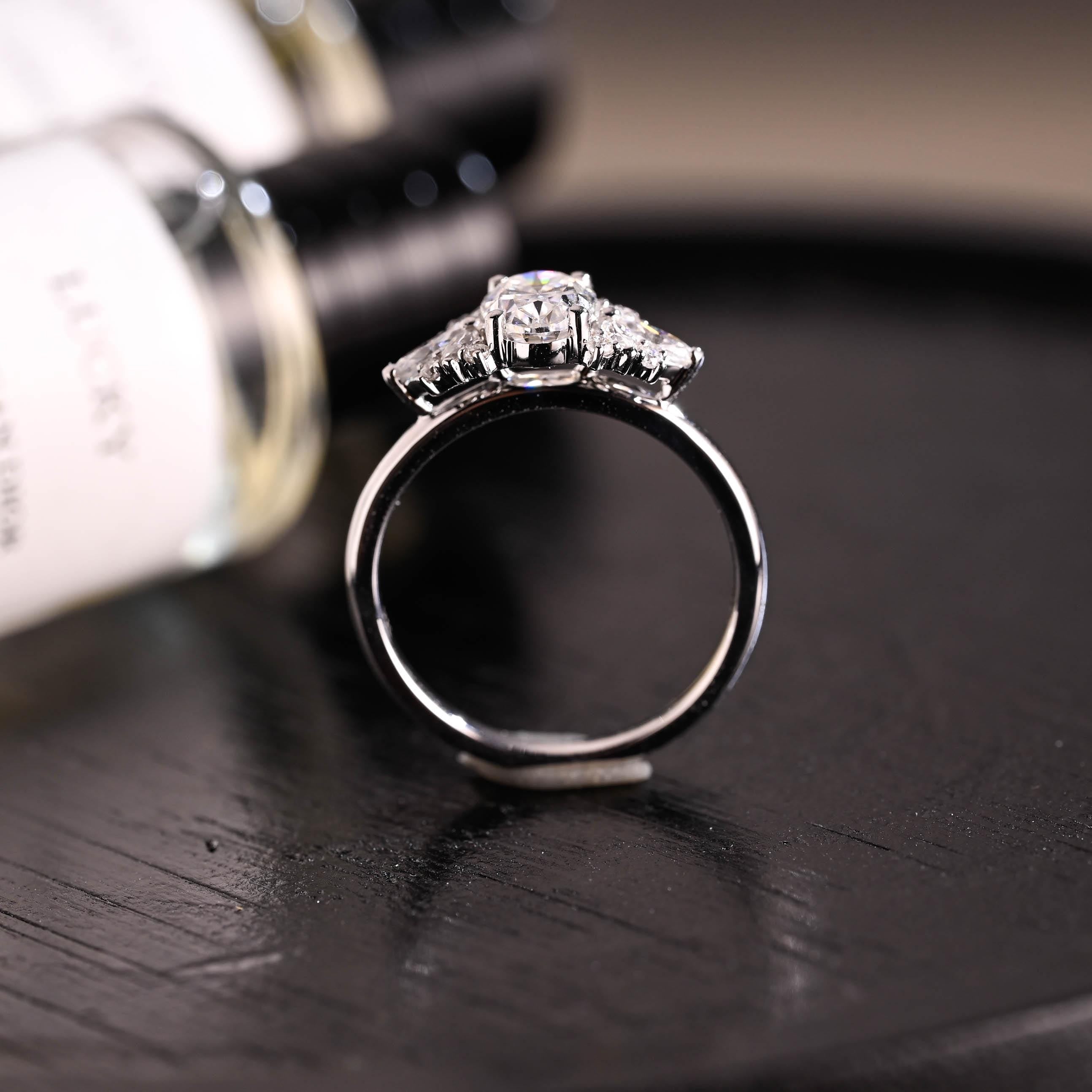 Solid Gold Side Cluster Oval Cut Moissanite Engagement Ring, High Profile Wedding Ring