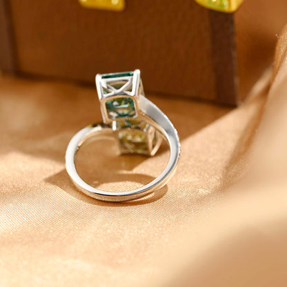Solid Gold Toi et Moi Green & Yellow Asscher Moissanite Engagement Ring, Two Stone Anniversary Ring