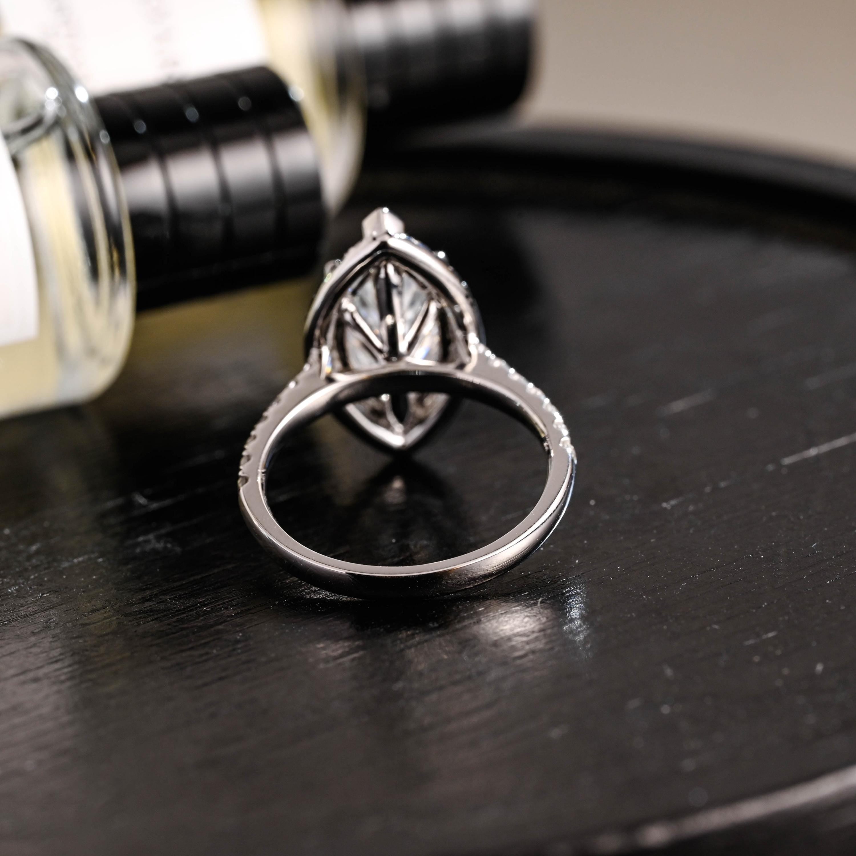 Solid Gold Halo Marquise Moissanite Engagement Ring, Round Cut Accent Stones
