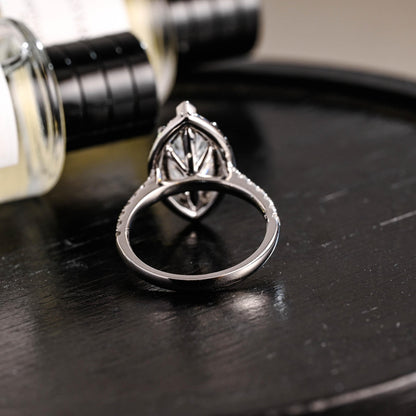 Solid Gold Halo Marquise Moissanite Engagement Ring, Round Cut Accent Stones