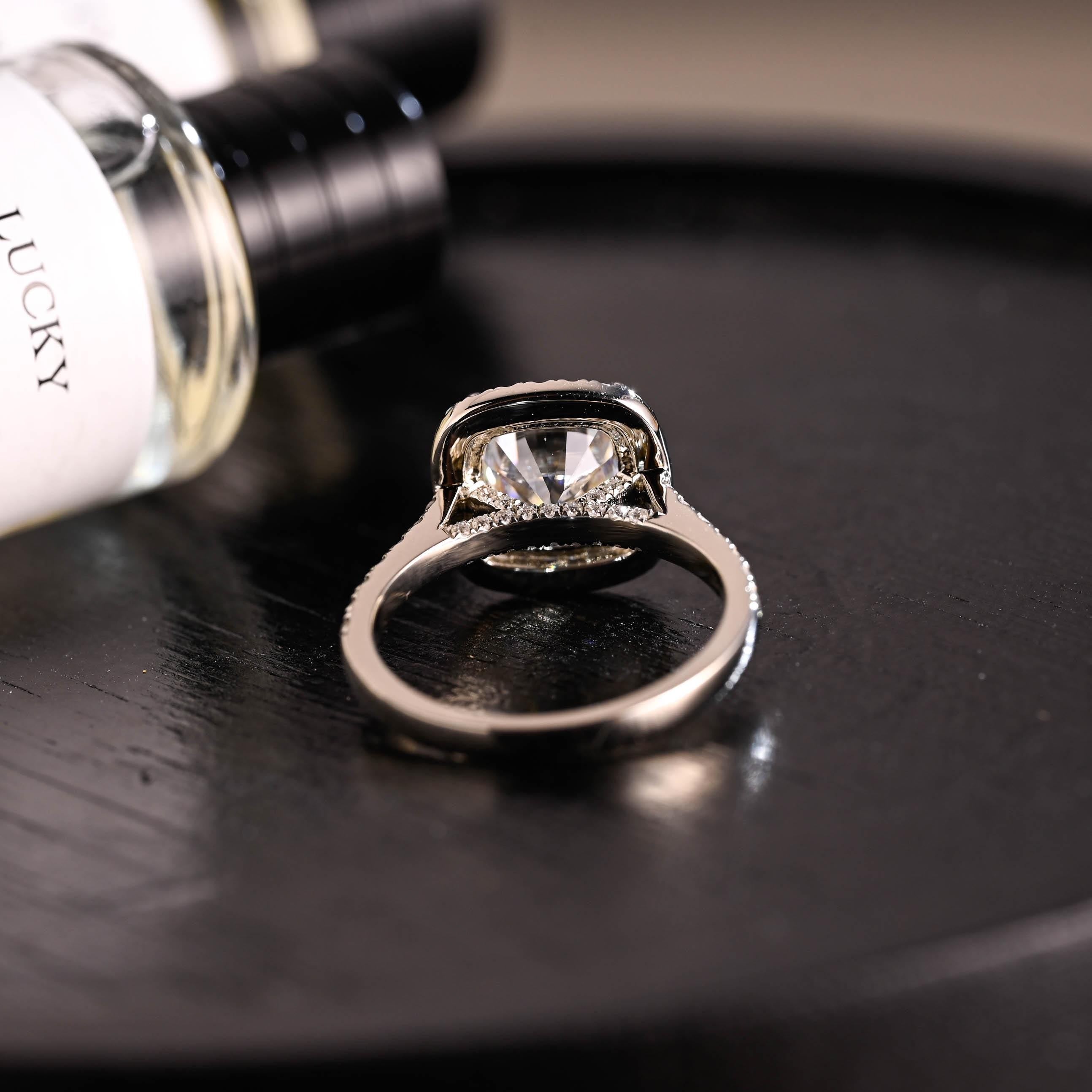 Solid Gold Cushion Cut Moissanite Engagement Ring, Halo Cushion Cut Wedding Ring, Half Pave Anniversary Ring, Bridge Halo Moissanite Ring