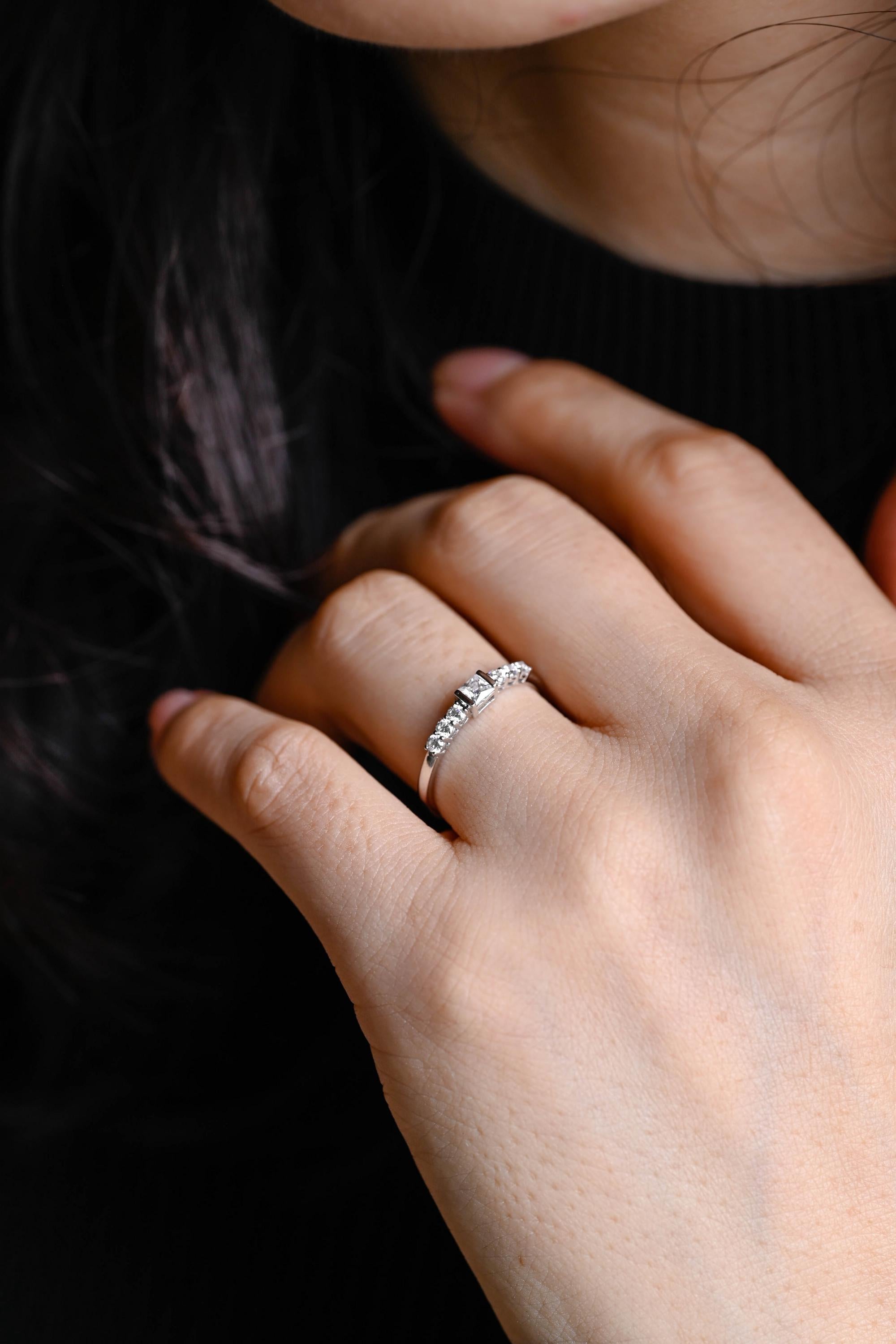 Solid Gold Moissanite Wedding Band, Princess & Round Cut Ring