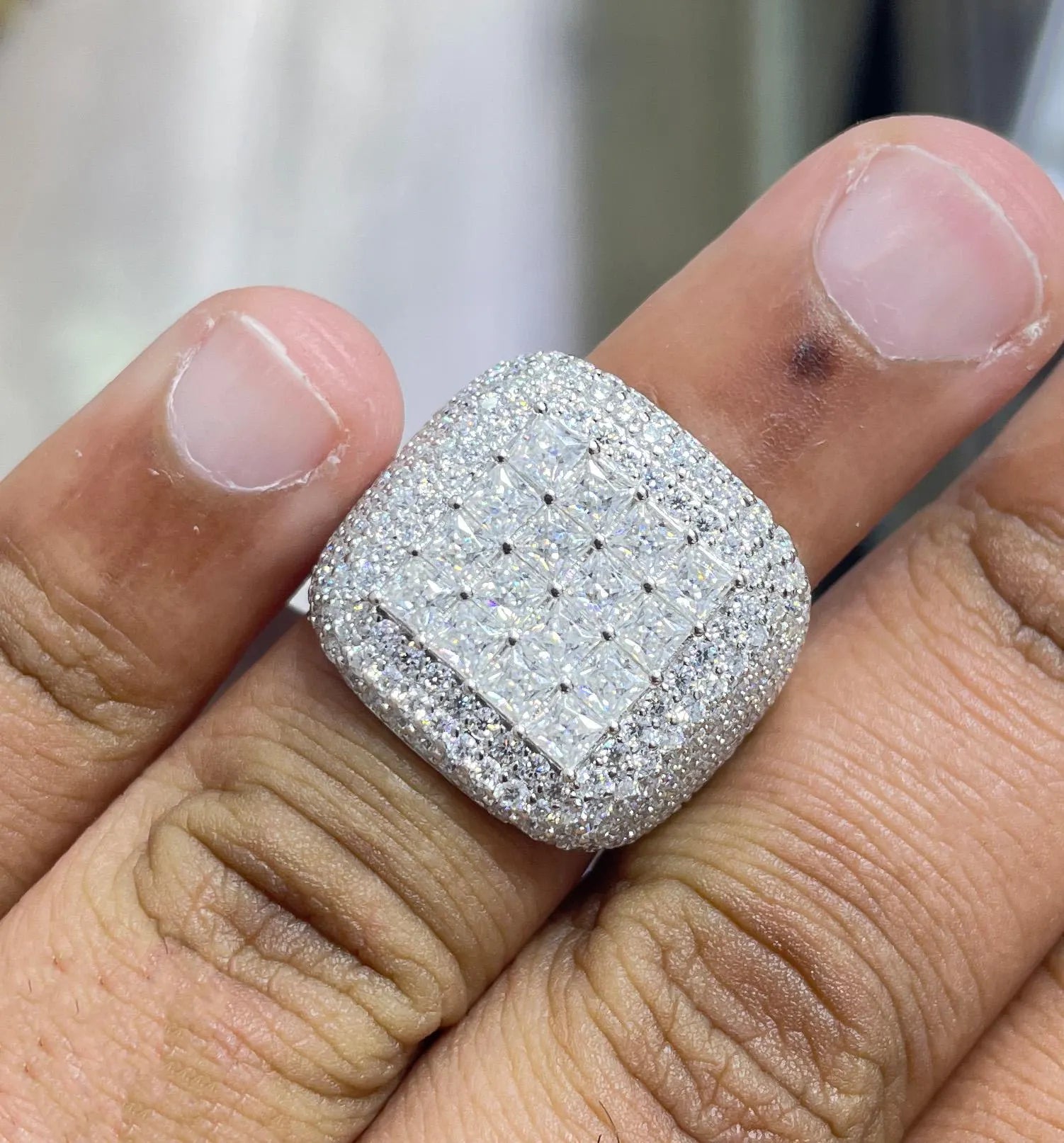 Men's 9.18CTW Moissanite Iced Out Dome Ring: 925 Silver VVS Moissanite Hip Hop Ring