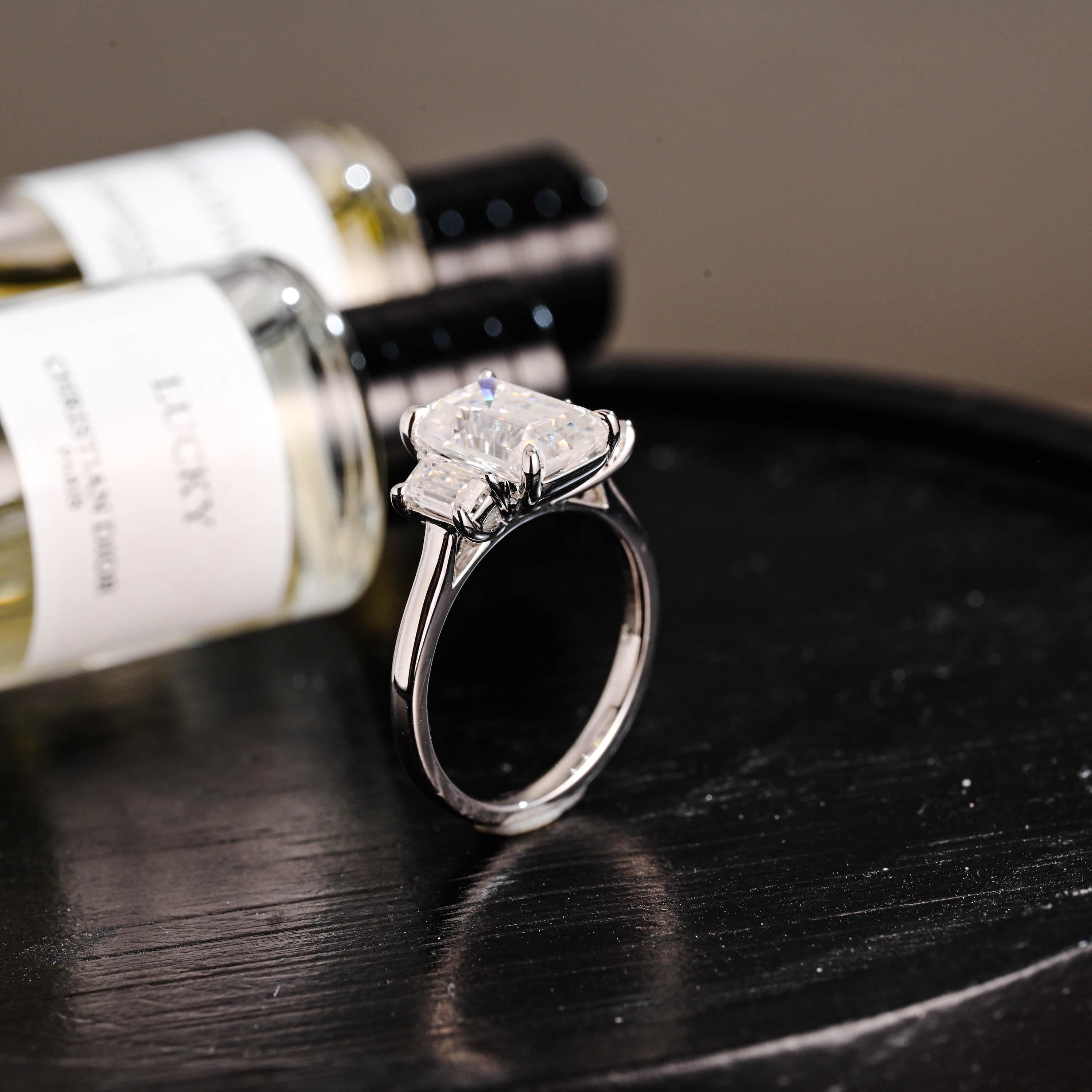Three Stone Emerald Cut Moissanite Engagement Ring, Solid Gold Promise Ring, Gold Proposal Ring, Anniversary Gift Birthday Gift for Women