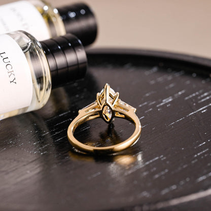 Solid Gold Marquise Moissanite Three Stone Engagement Ring, Anniversary Ring