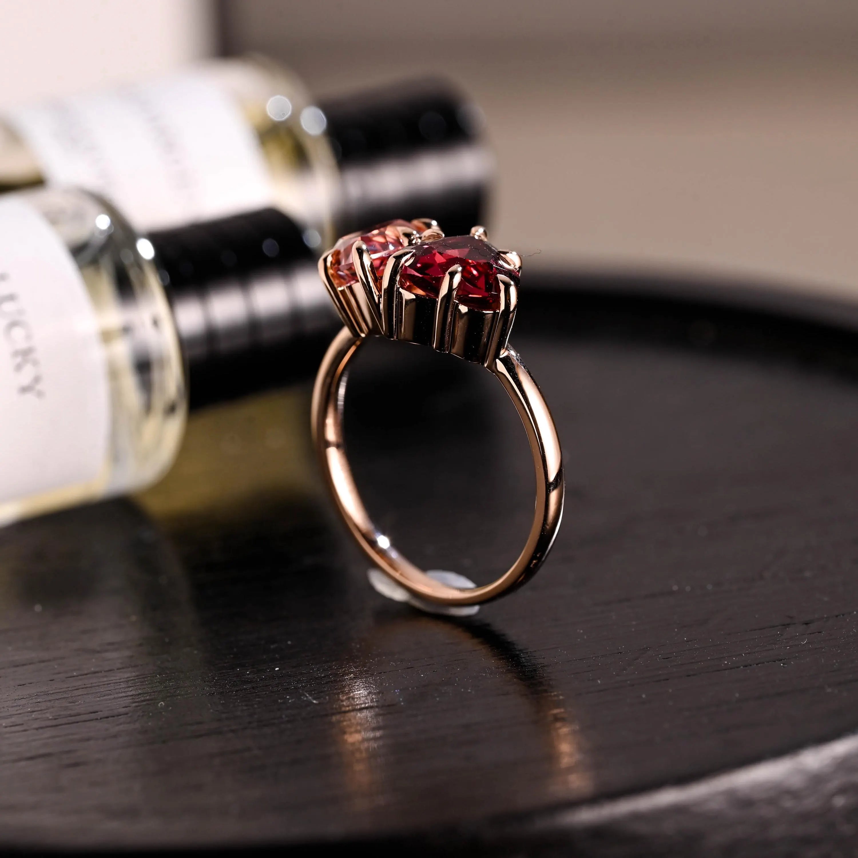 Toi et Moi Heart Garnet Ring Engagement Ring, Lab Pink Pear Sapphire Solid Gold Wedding Ring