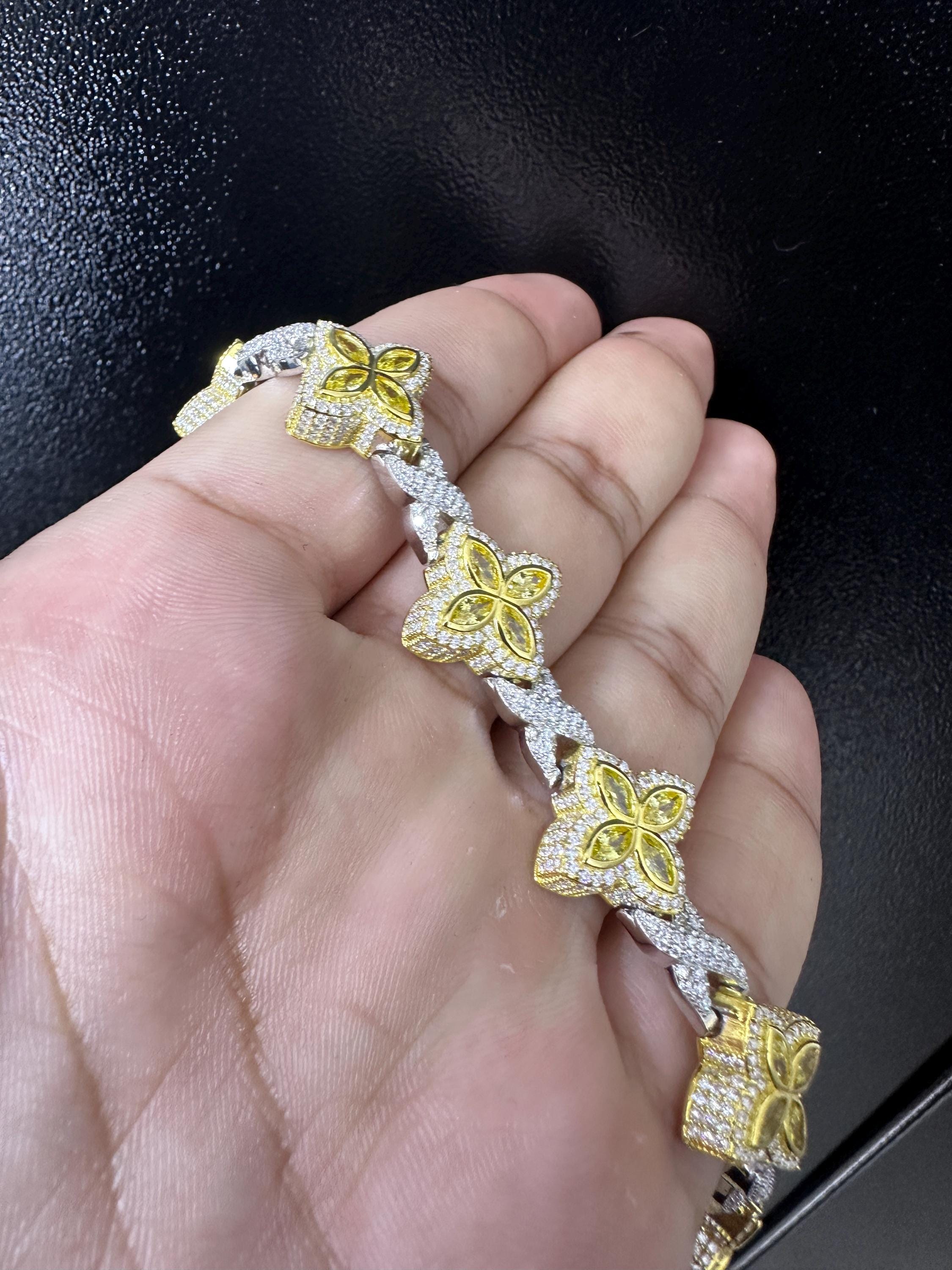 Iced Out Clover Bracelet: 9.04CT Yellow Sapphire, Moissanite, Sterling Silver